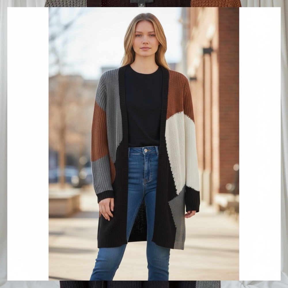 Fortune-Ivy Colorblock Open Front Knit Cardigan, Medium